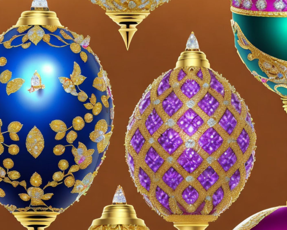 Fabergé Egg-Inspired Ornaments in Gold, Blue, and Purple Gradient