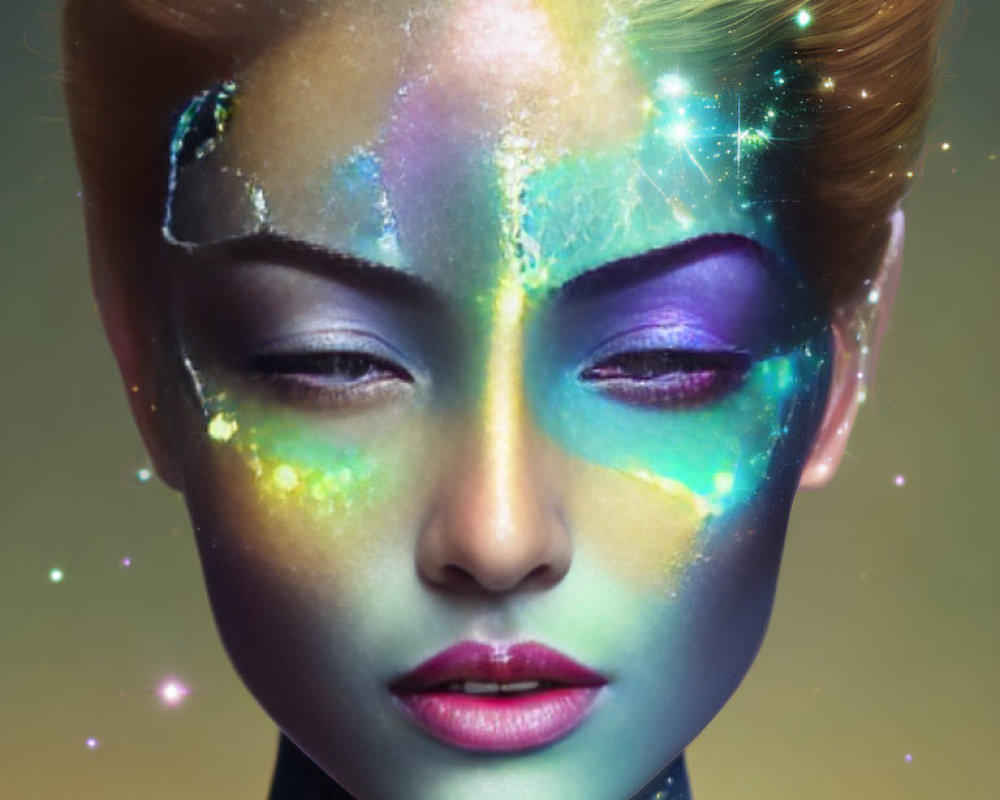 Colorful cosmic-themed makeup portrait of a woman with sparkling stars.