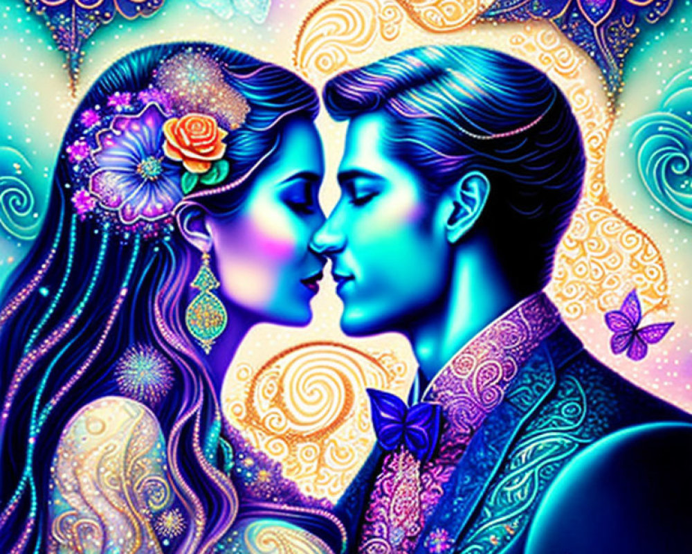 Colorful illustration of man and woman in ornate setting with butterflies