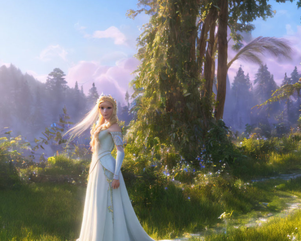 Regal woman in white dress and crown in serene fantasy setting