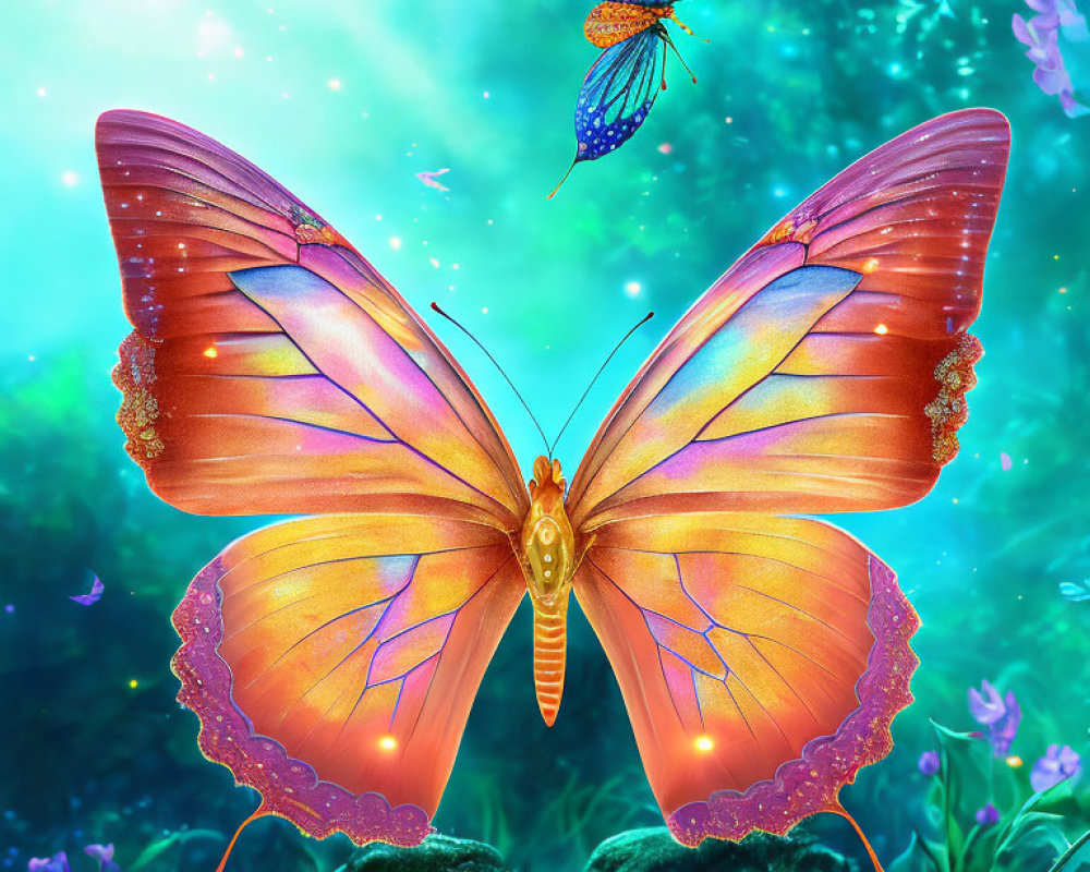 Colorful digital artwork: Oversized pink and orange butterfly underwater with smaller butterfly