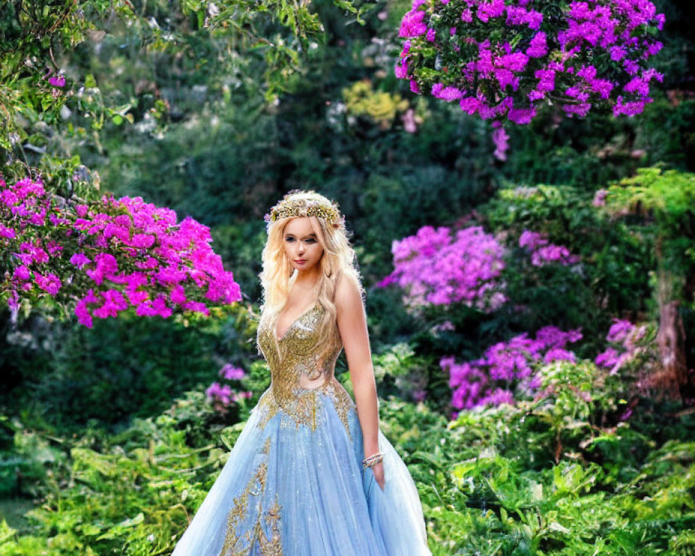 Elegant woman in blue and gold dress in vibrant garden setting