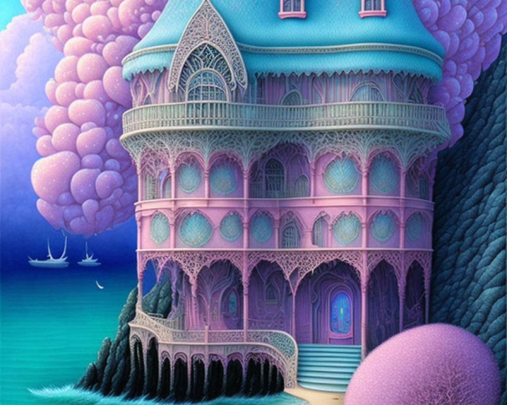 Whimsical Violet House by the Sea with Pink Clouds and Ships