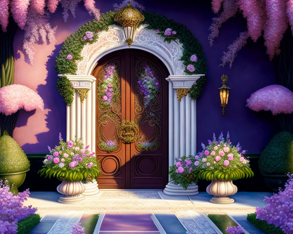 Ornate Door with Classical Columns and Topiaries in Twilight Garden