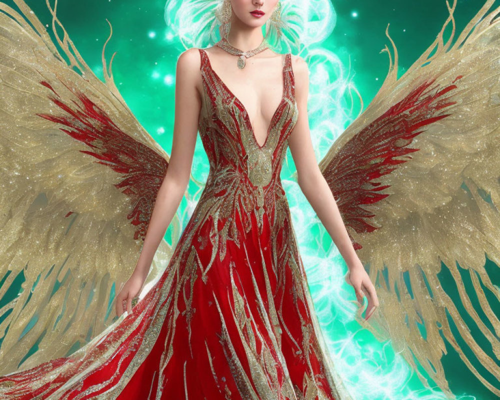 Digital artwork: Woman with glowing wings, red & gold dress, green backdrop