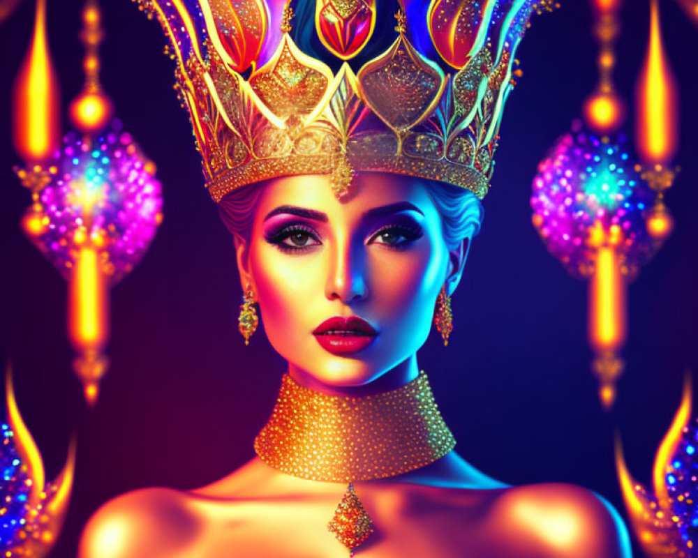 Colorful portrait of woman with ornate crown and jewelry on vibrant background.