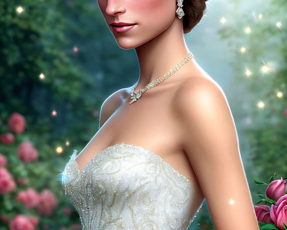 Illustrated bride in white gown with blue eyes and pearl jewelry, holding white and blue flower bouquet.