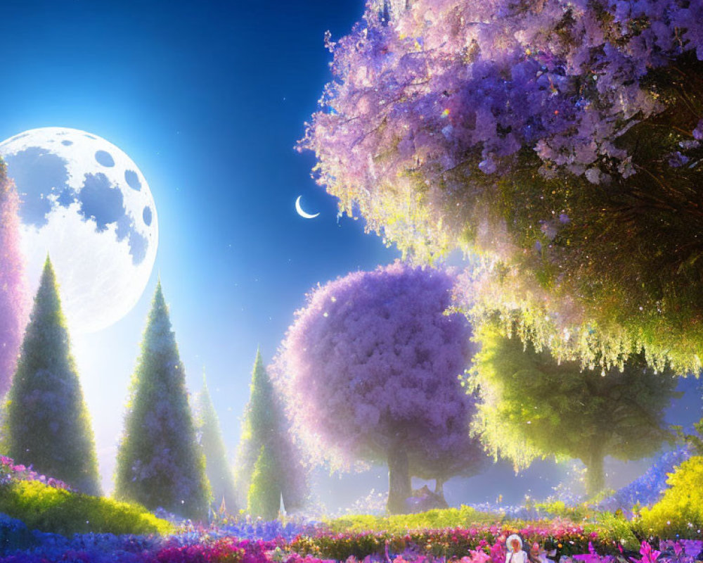 Vibrant purple trees and moonlit night sky with figure in colorful landscape