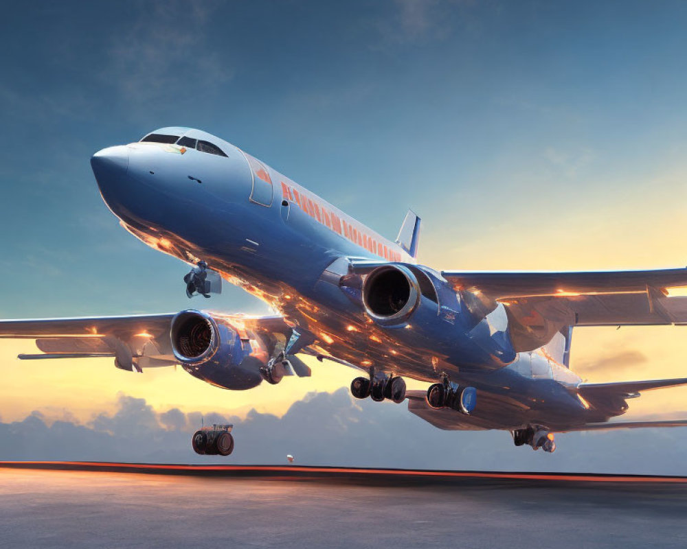 Sunset commercial airplane taking off with warm sky colors.