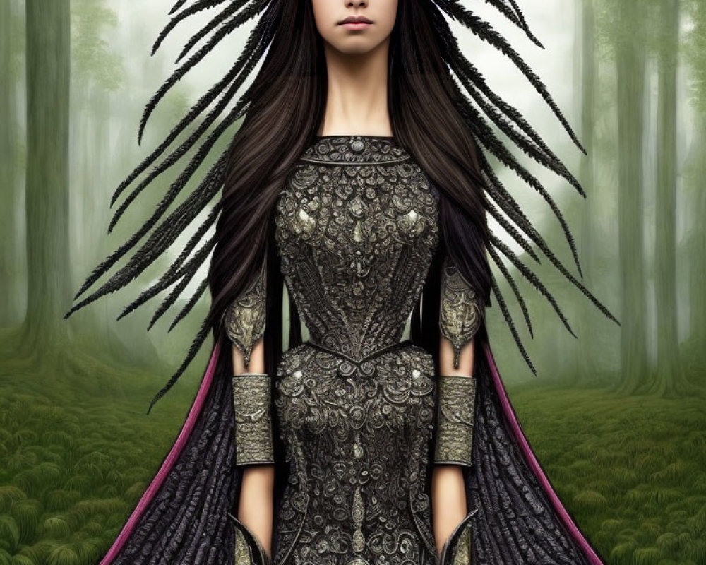 Digital Art: Woman with Long Dark Hair in Ornate Black Dress in Mystical Forest