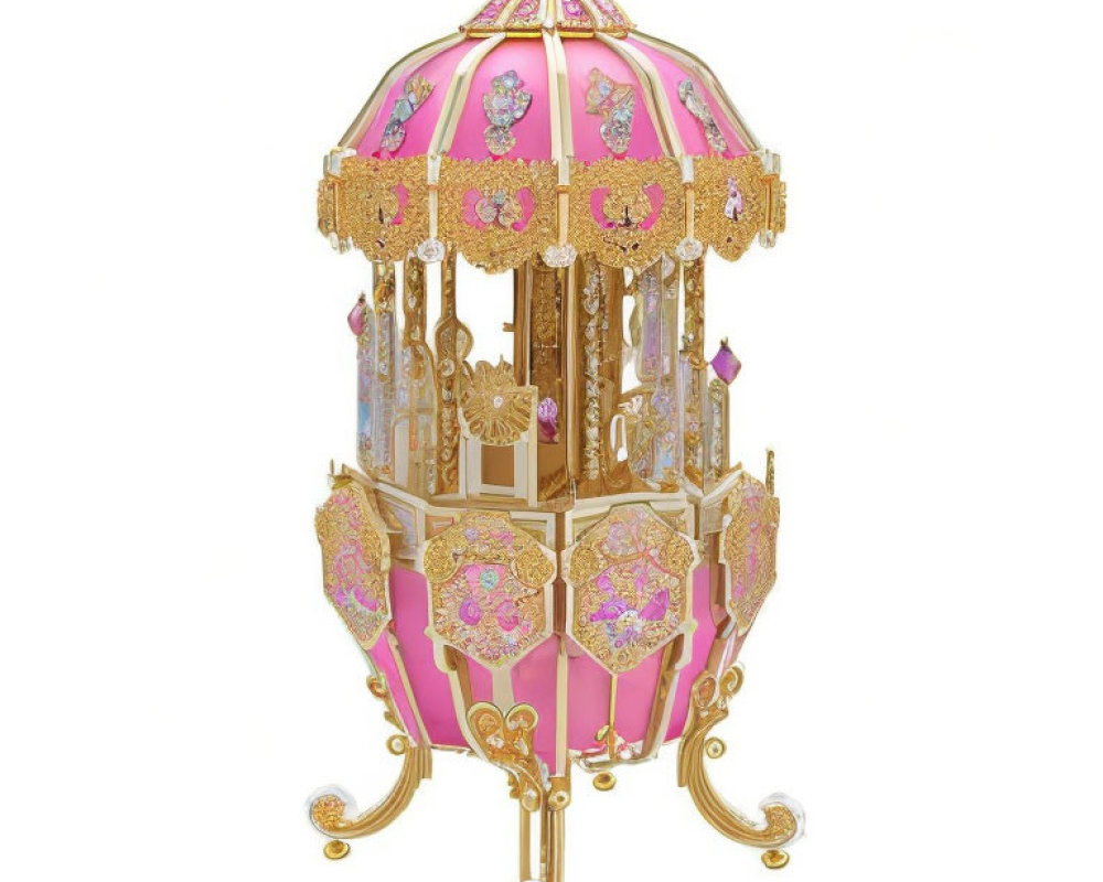 Pink and Gold Ornate Birdcage with Domed Top on White Background