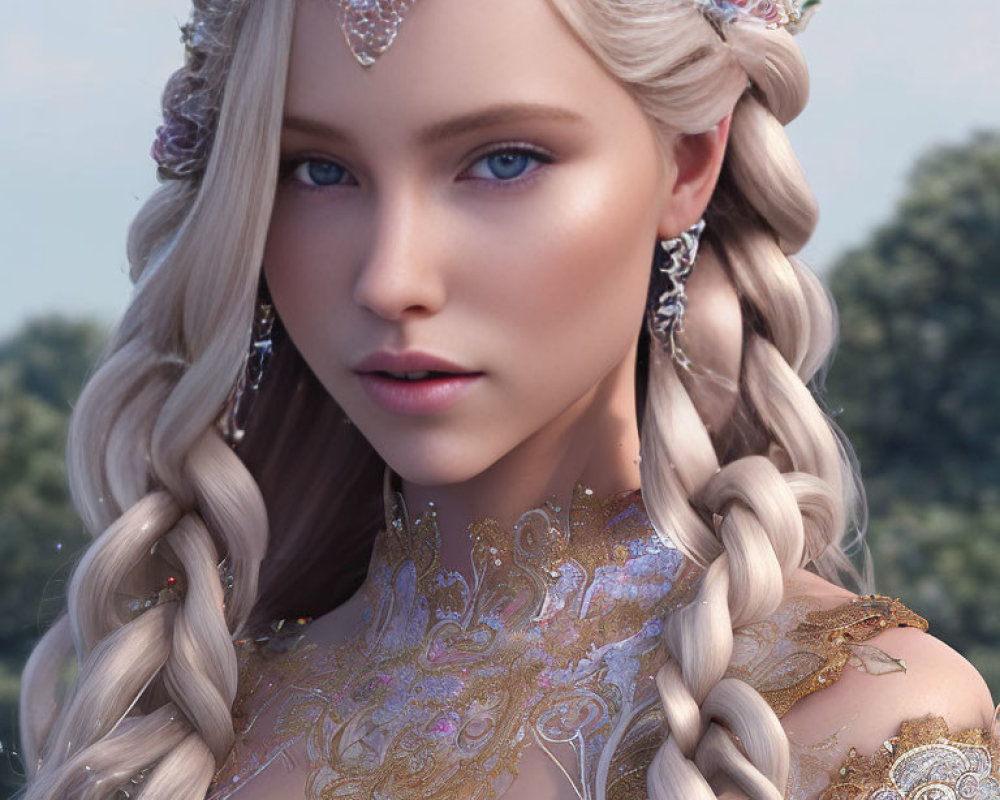 Blond Woman with Braided Hair and Gold Jewelry in Ethereal Setting