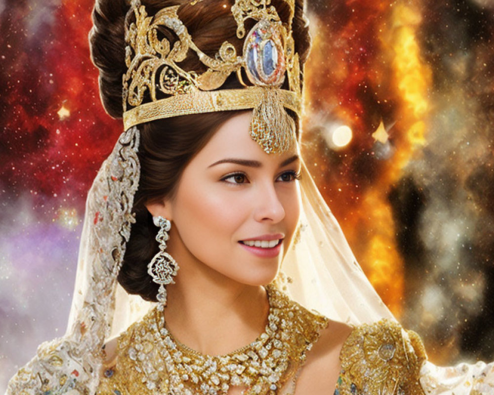 Regal woman with gold crown and veil in cosmic setting