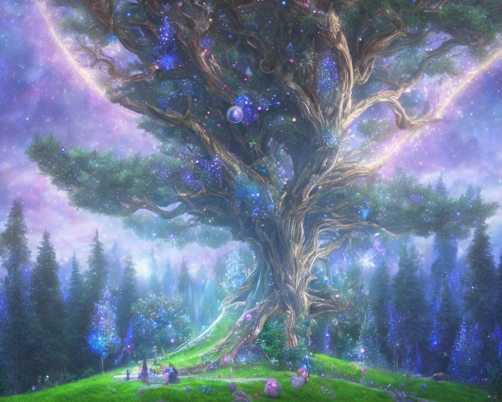 Fantastical glowing tree with magical orbs in starry sky