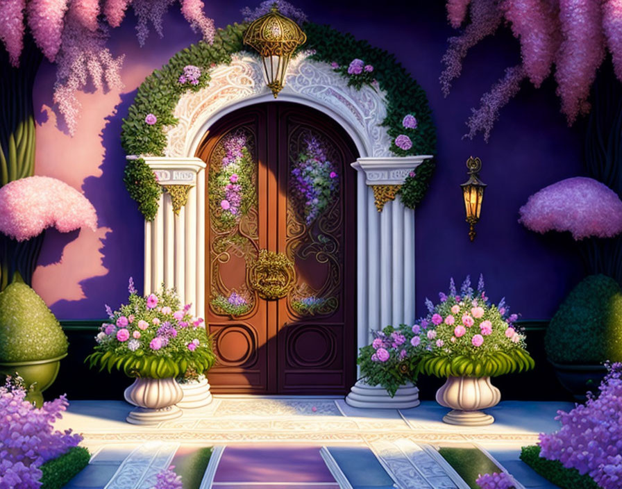 Ornate Door with Classical Columns and Topiaries in Twilight Garden