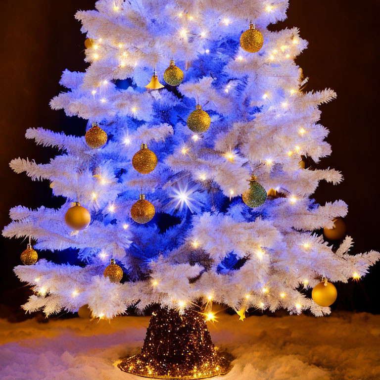 White Christmas tree with golden ornaments and twinkling lights on dark background