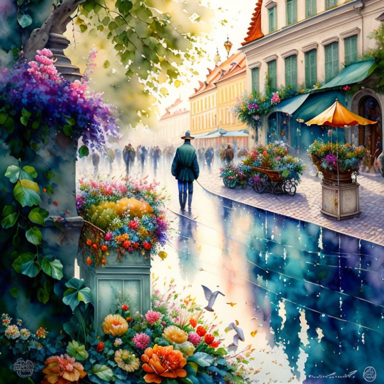 Colorful flowers, wet street, pedestrians, and figure in a hat.