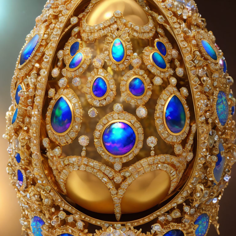 Golden Egg with Blue Opals, Diamonds, and Filigree Designs on Luxurious Background