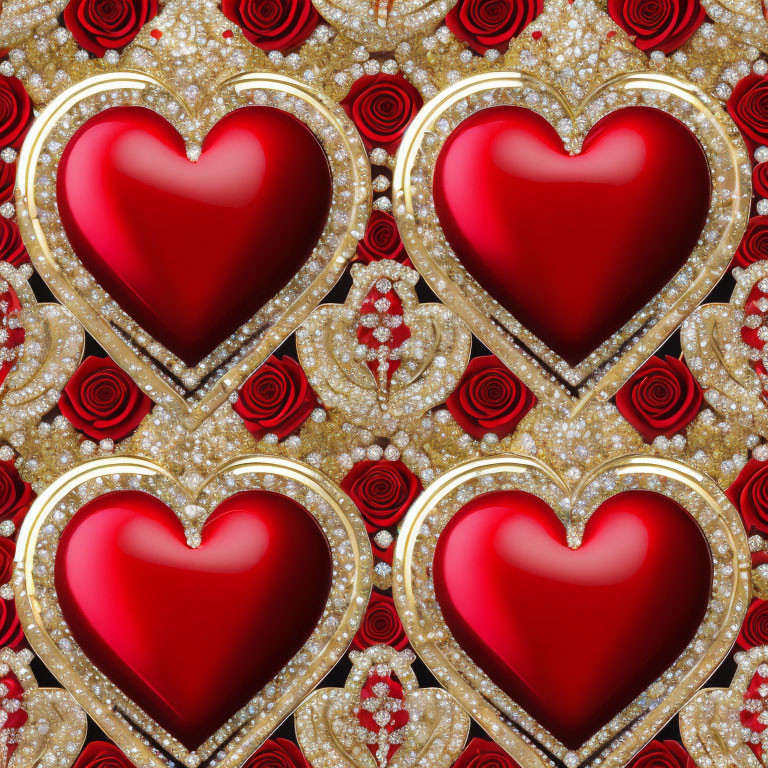 Red Hearts Seamless Pattern with Golden Glitter, Red Roses, and Jeweled Background