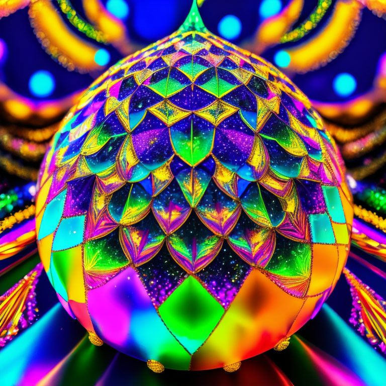 Colorful Abstract Image: Droplet Shape with Fish-Scale Pattern under Neon Lighting