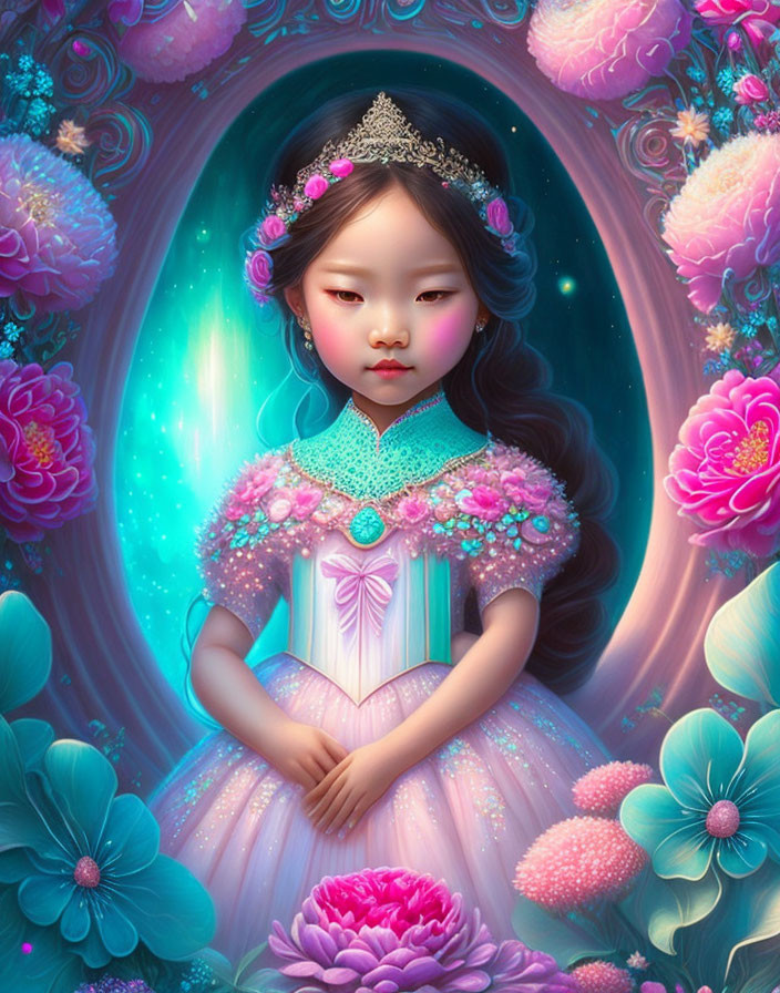 Young girl as princess with tiara in luminous pink flower setting