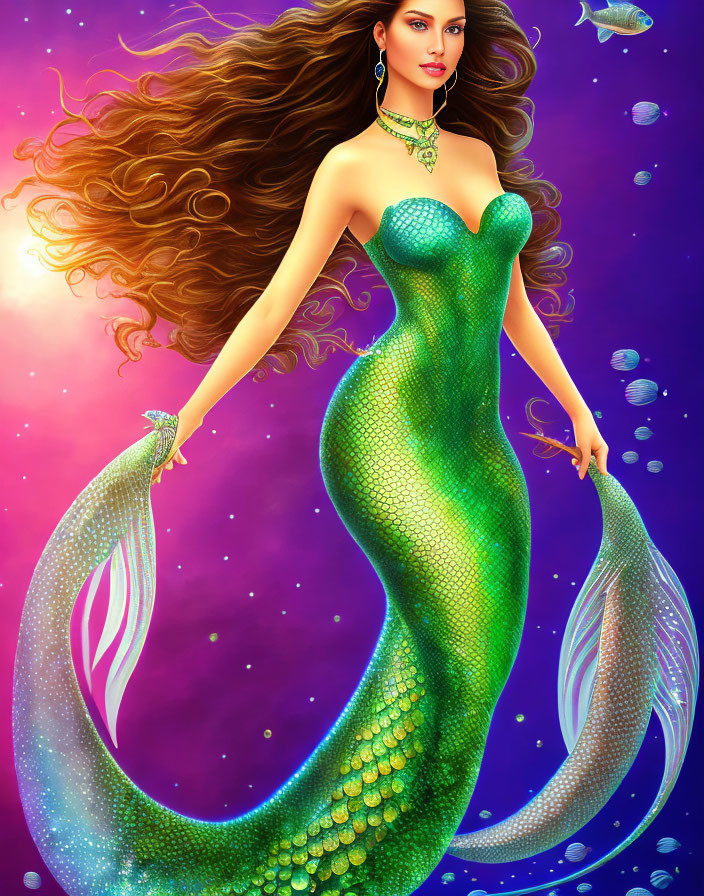 Illustrated mermaid with brown hair and green tail on purple background.