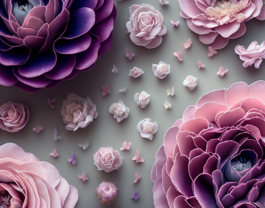 Pastel-toned flowers and butterflies on gradient background