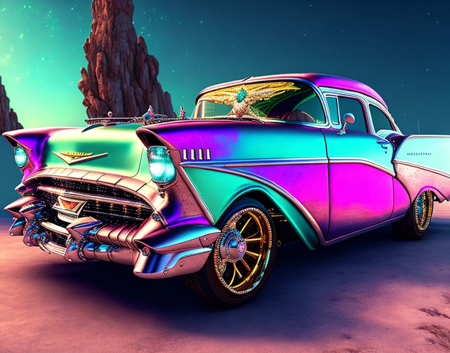 Classic Car with Turquoise and Pink Paint Job in Desert Twilight