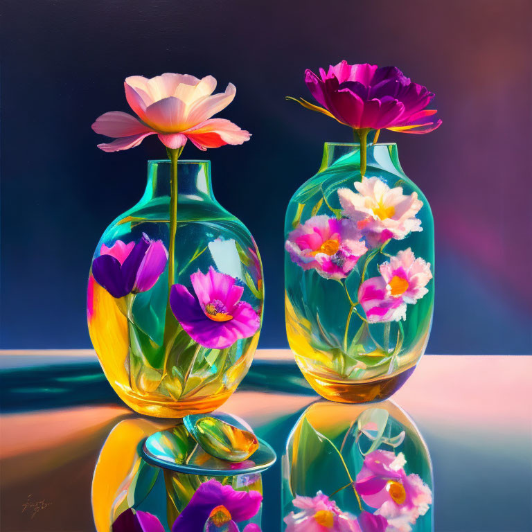 Vibrant glass vases with pink and white flowers on glossy surface and gradient background