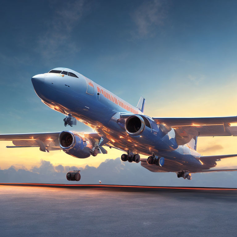 Sunset commercial airplane taking off with warm sky colors.