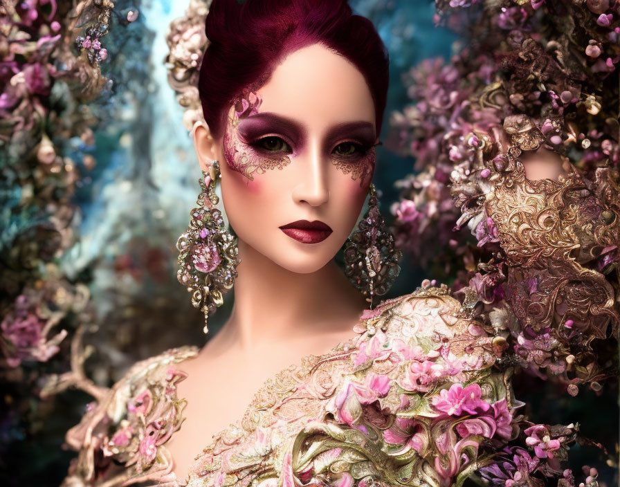 Fantasy style portrait of a woman with striking makeup and ornate costume