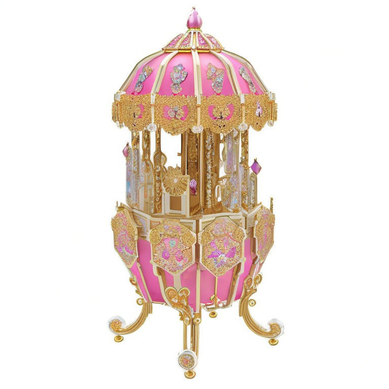 Pink and Gold Ornate Birdcage with Domed Top on White Background