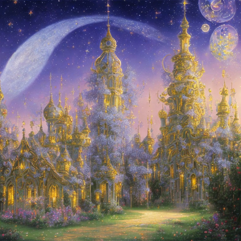 Fantasy landscape with golden towers, blooming trees, starry sky, oversized moon, and floating