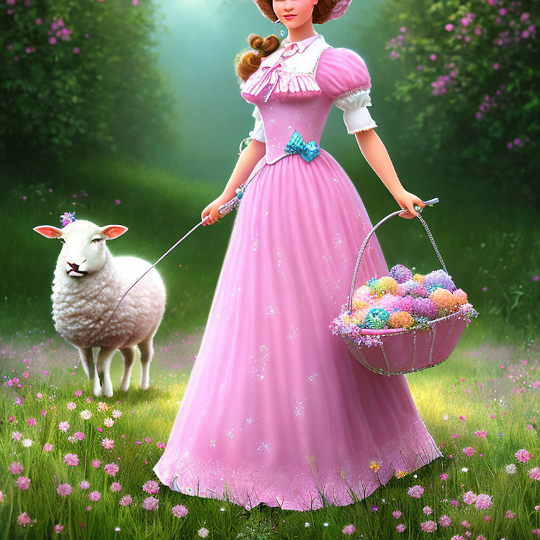 Vintage dress woman with flowers and sheep in blooming meadow