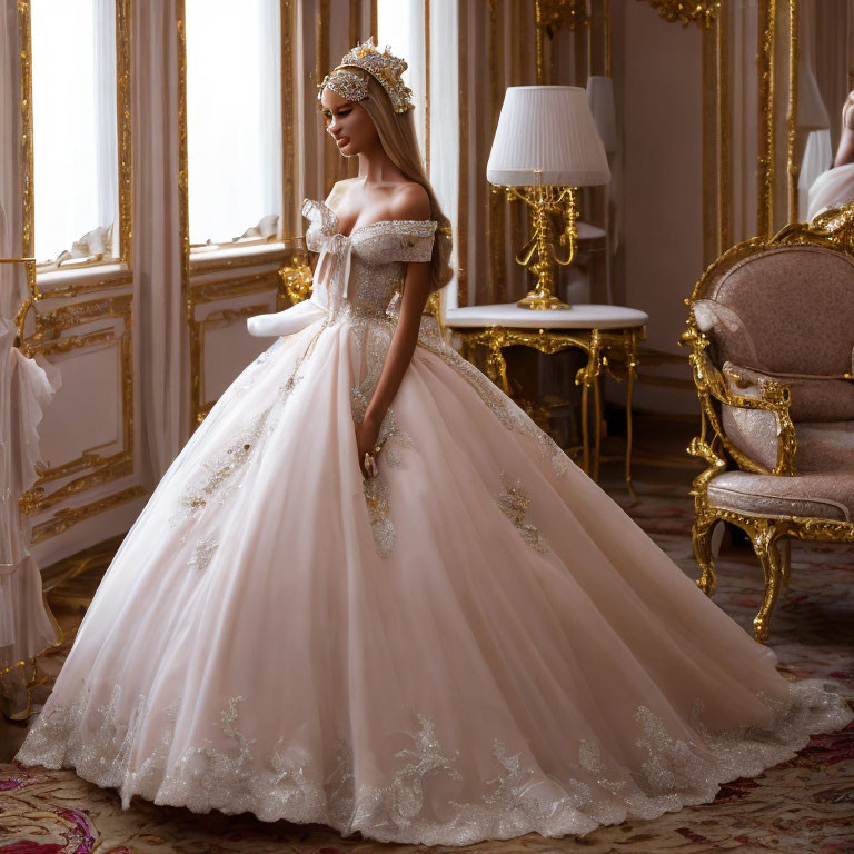 Elegant woman in off-the-shoulder ball gown and tiara in luxurious vintage room