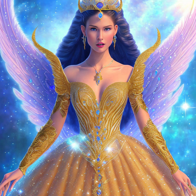 Majestic fairy queen in golden dress with butterfly wings and crown on starry background