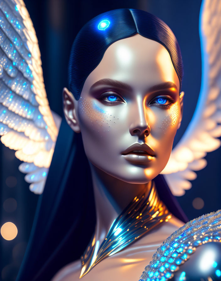 Blue-skinned woman with ornate wings in digital art portrait