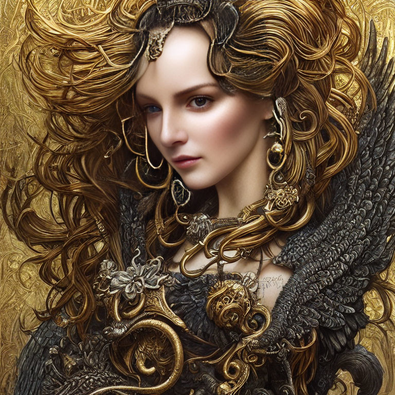 Fantasy-inspired digital artwork of woman with intricate golden hair and jewelry.