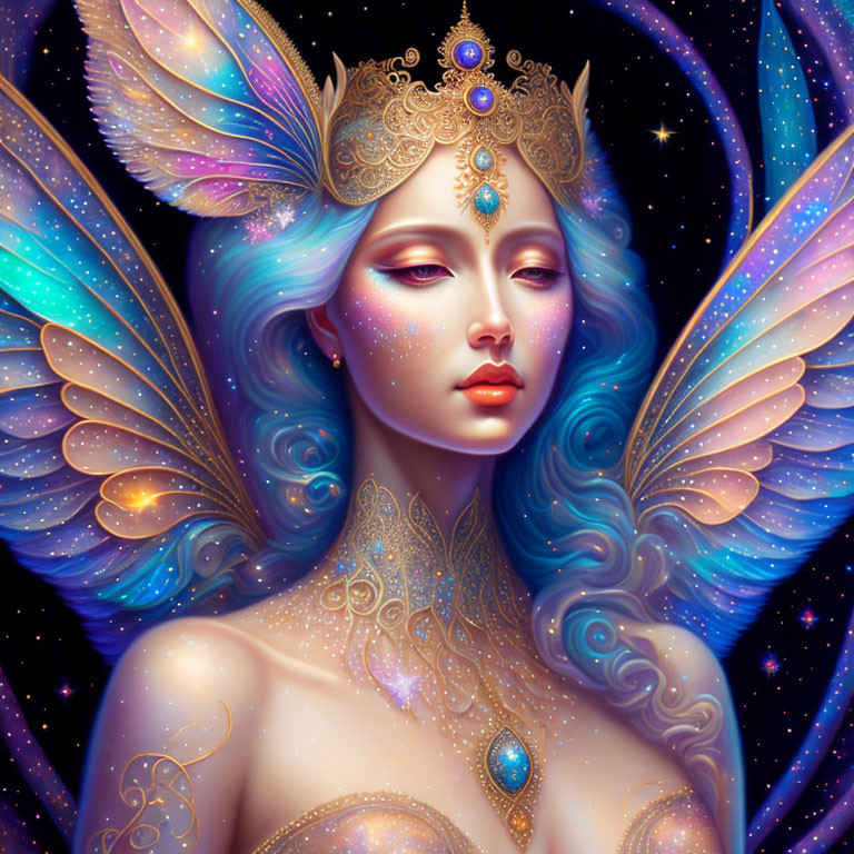 Illustration of mystical woman with blue hair and gold headdress in cosmic setting