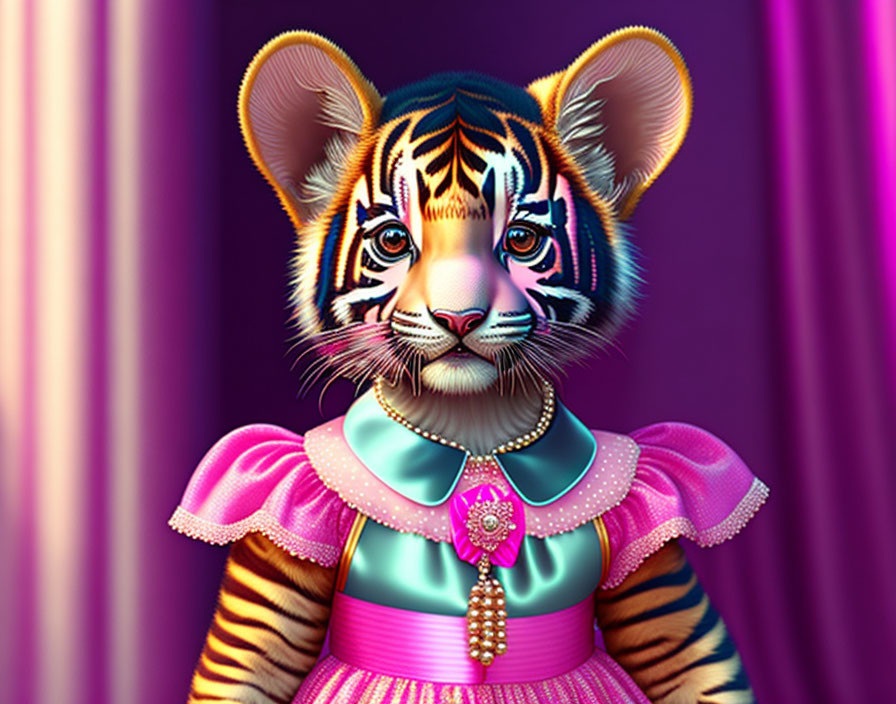 Whimsical anthropomorphic tiger in purple and pink dress with pearls and jewel on purple backdrop