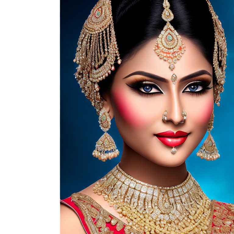 Traditional South Asian Bridal Makeup and Jewelry with Gold Pieces and Red Attire