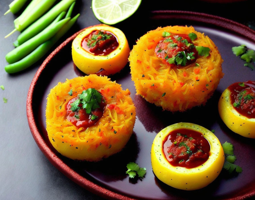 Colorful Indian Stuffed Potato Dish with Tomato Sauce and Cilantro