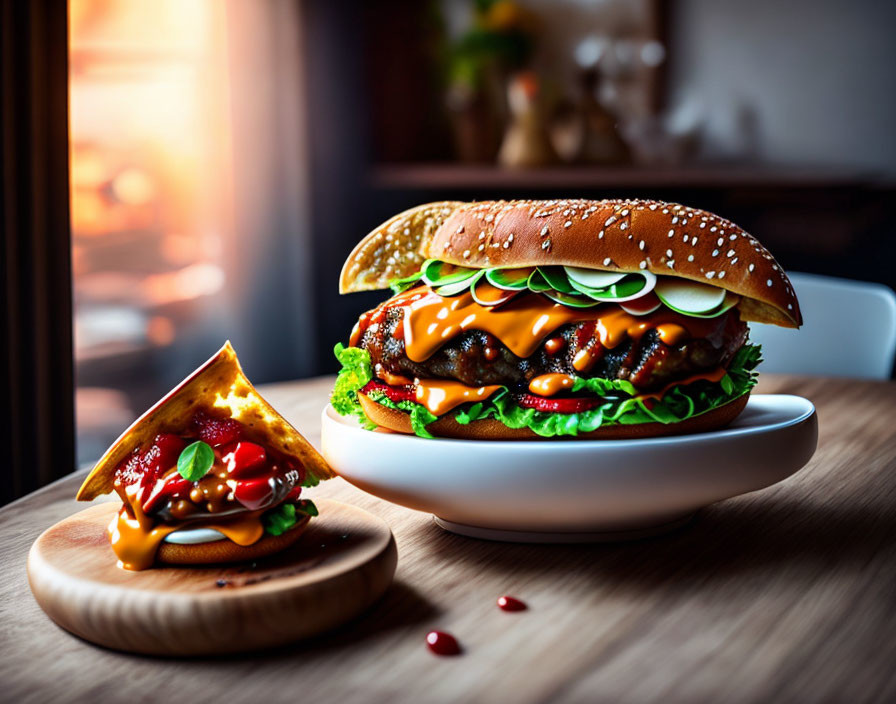 Sesame bun burger with melted cheese, greens, sauce, and pizza slice on wooden table