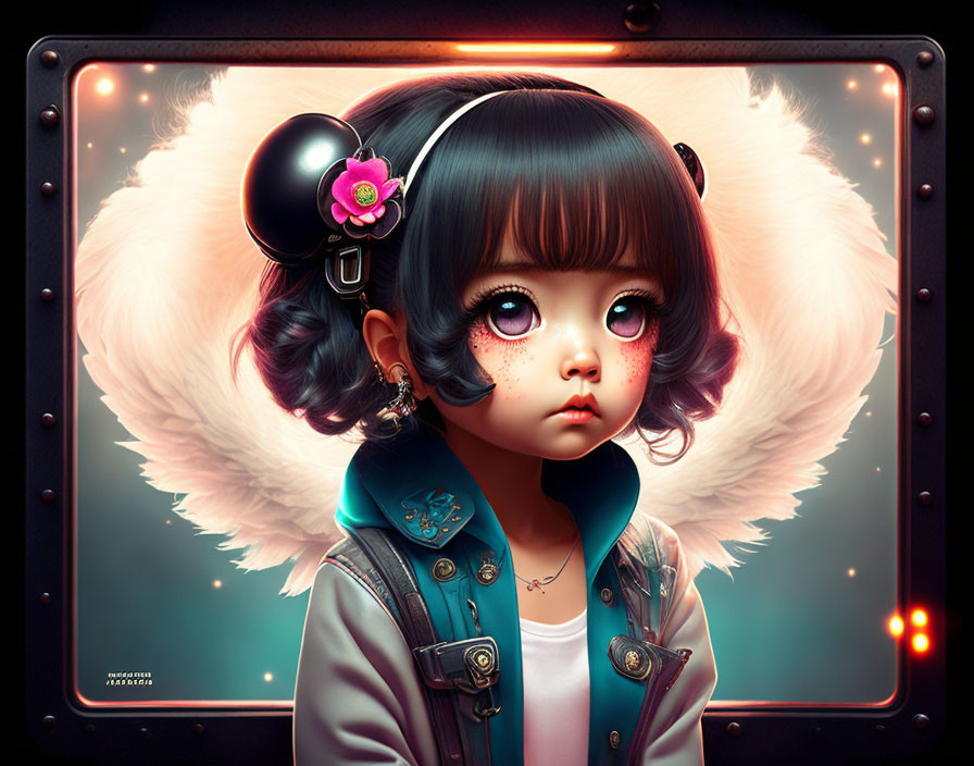 Digital artwork: Girl with expressive eyes, headset, angelic wings in vintage monitor border