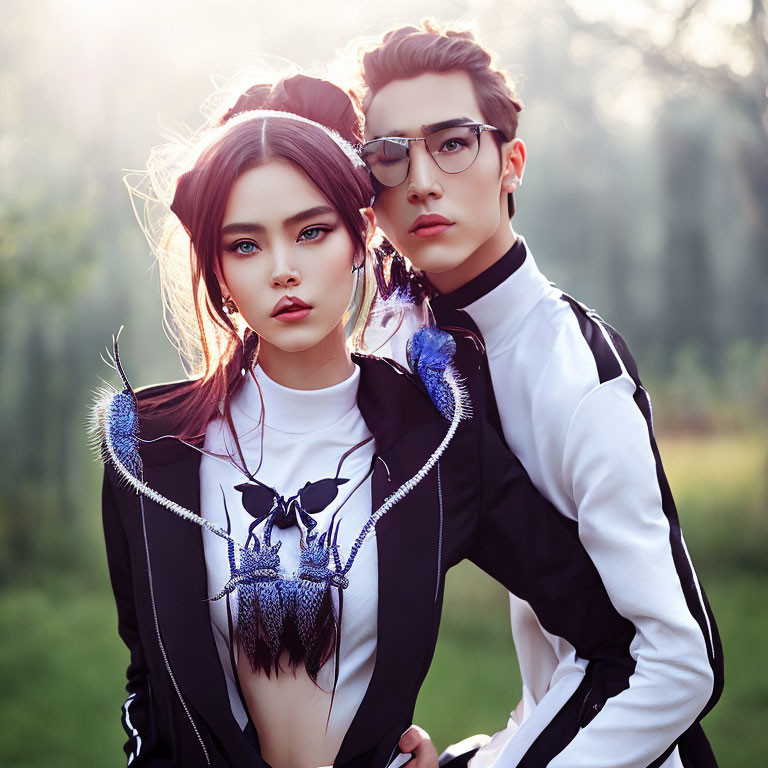 Fashionable couple in cat ears and modern attire poses outdoors