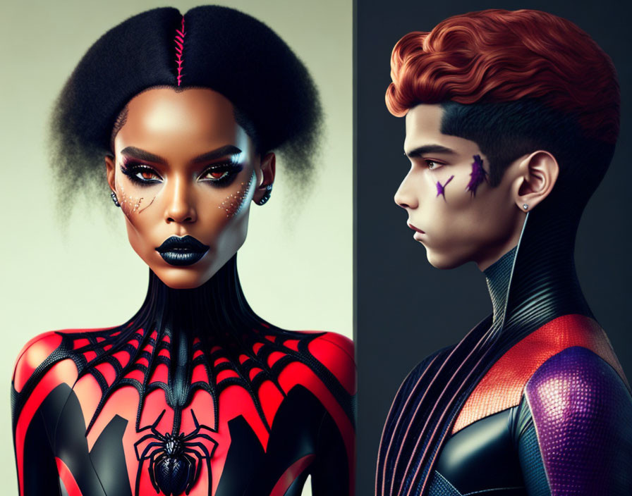 Stylized digital characters with intricate makeup and futuristic hairstyles in spider-themed and textured outfits