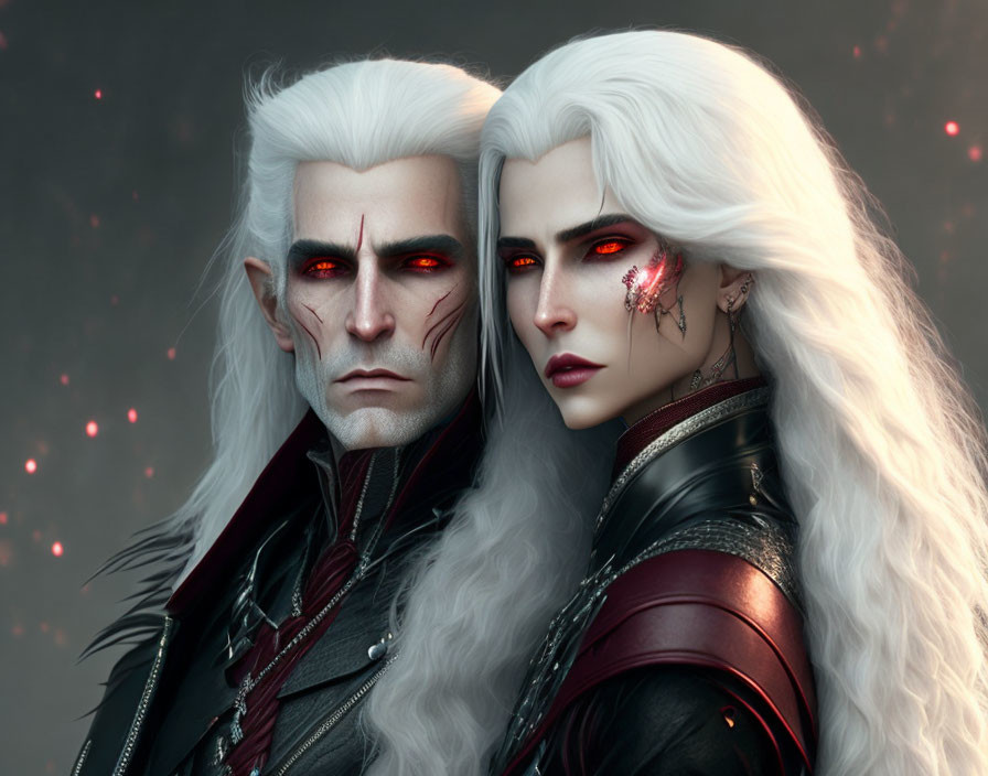 Fantasy characters with pale skin, white hair, red eyes, dark armor, and mystical red markings