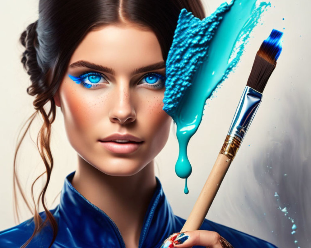 Woman with Vibrant Blue Eyes Holding Paintbrush in Blue Paint