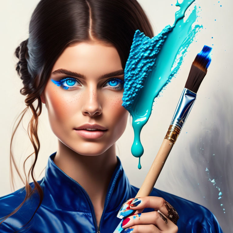 Woman with Vibrant Blue Eyes Holding Paintbrush in Blue Paint