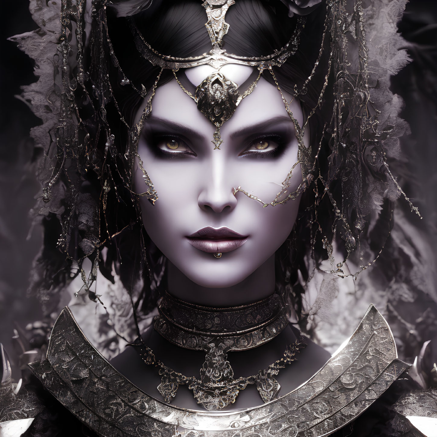 Fantasy portrait of woman with dark makeup and elaborate headgear